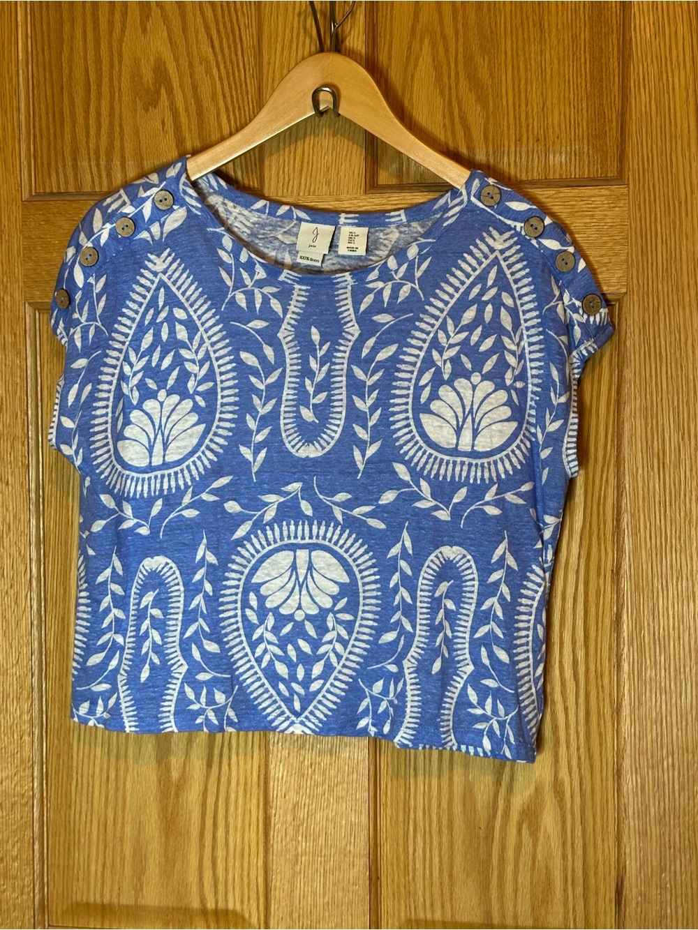 Joie 100% Linen 2-Piece Matching Set vibrant blue & white paisley block print SM - Picture 2 of 12